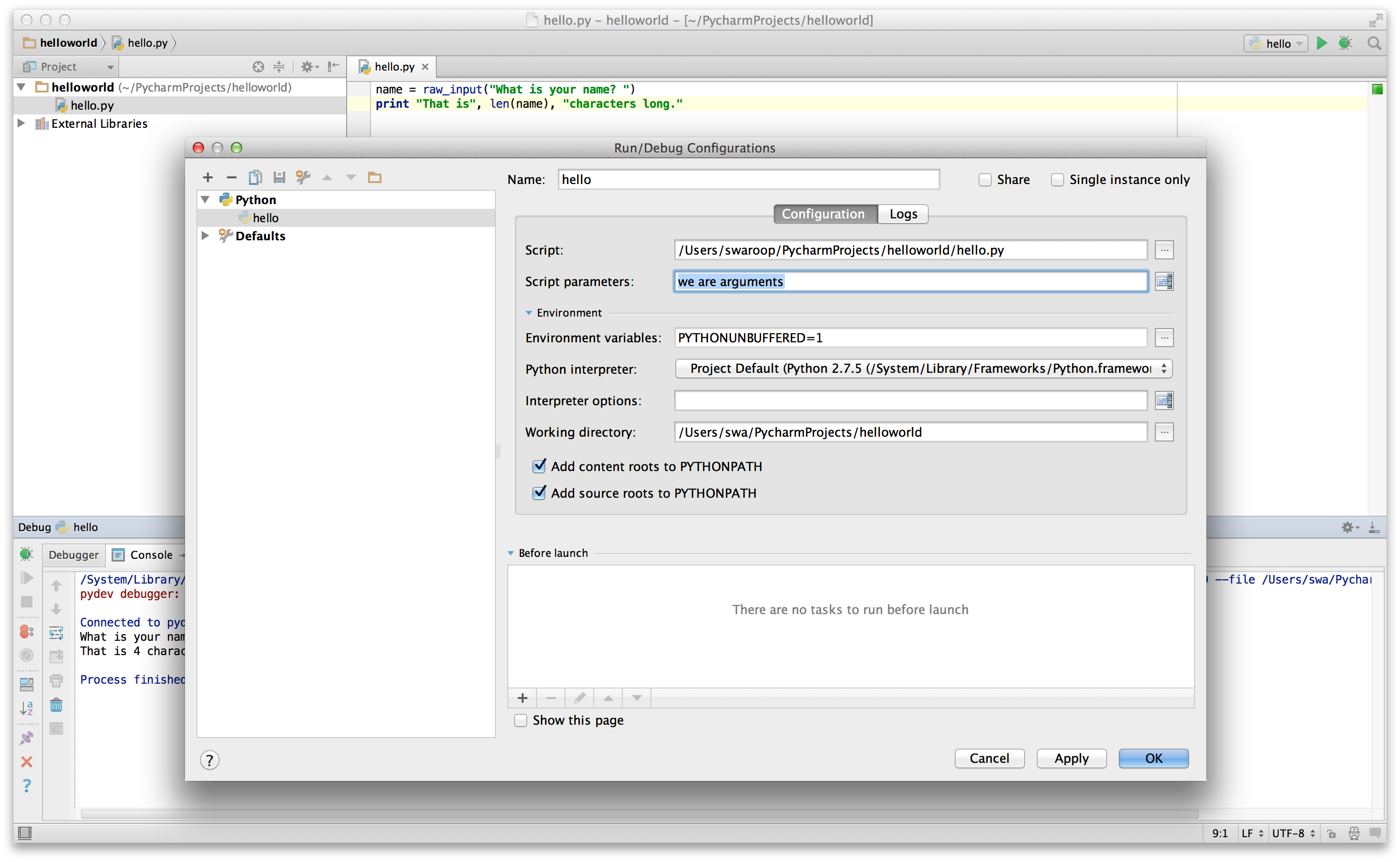 PyCharm command line arguments ("Аргументи командного рядка PyCharm")